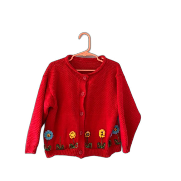 Vintage kids knit cardigan sweater 3D flowers button front - Picture 1 of 4